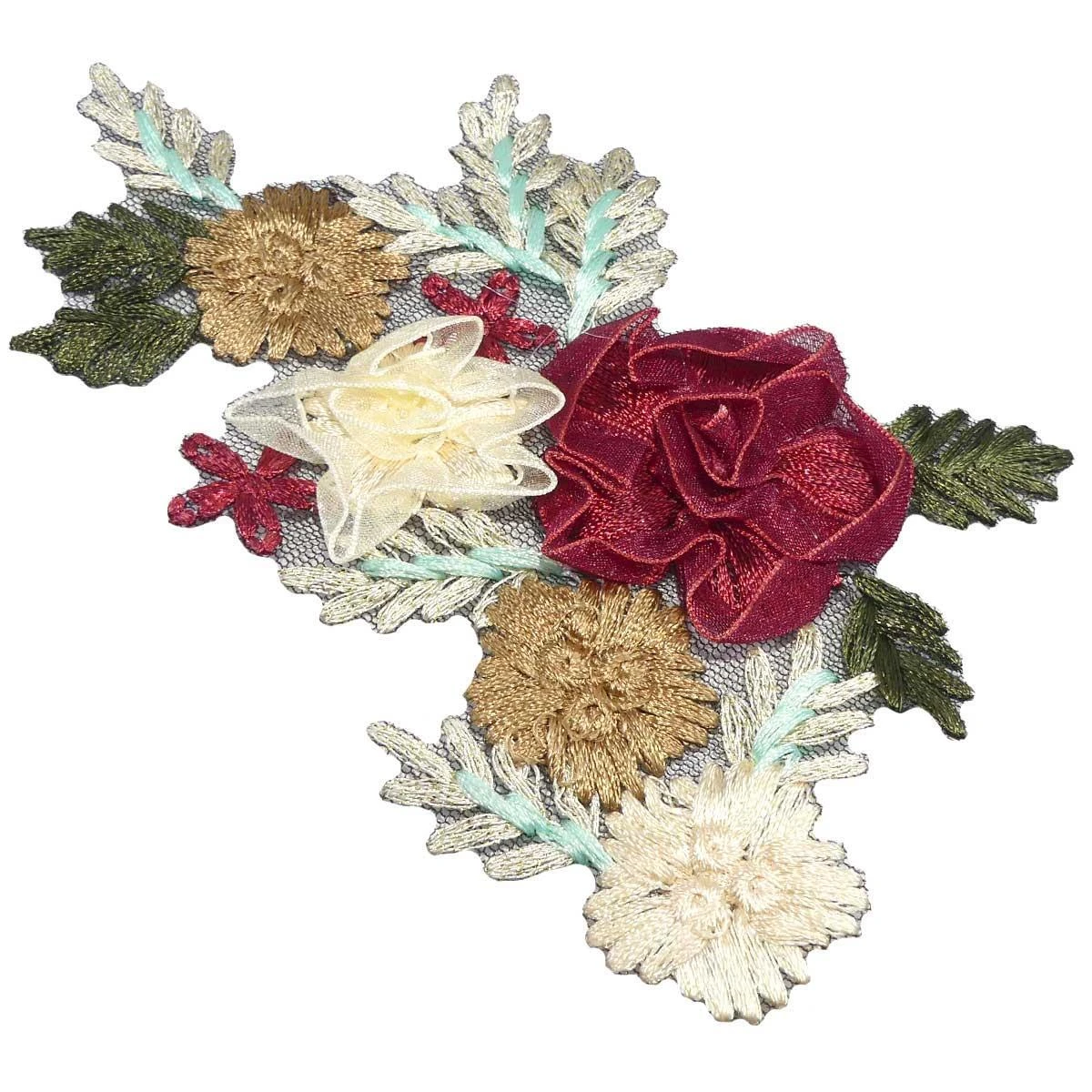 Aplicación Bordada Con Cintas 9x15cm. Pareja Flores 3 Aplicación Bordada Con Cintas 9x15cm. Pareja Flores