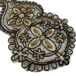 Aplicación Bordada Diseño Floral Y Perlas. Oro Y Negro -Merceria Botton aplicacion bordada diseno floral y perlas oro y negro 1