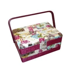 Costurero Mimbre Estampado Mariposas Y Postales. 26x19x12cm