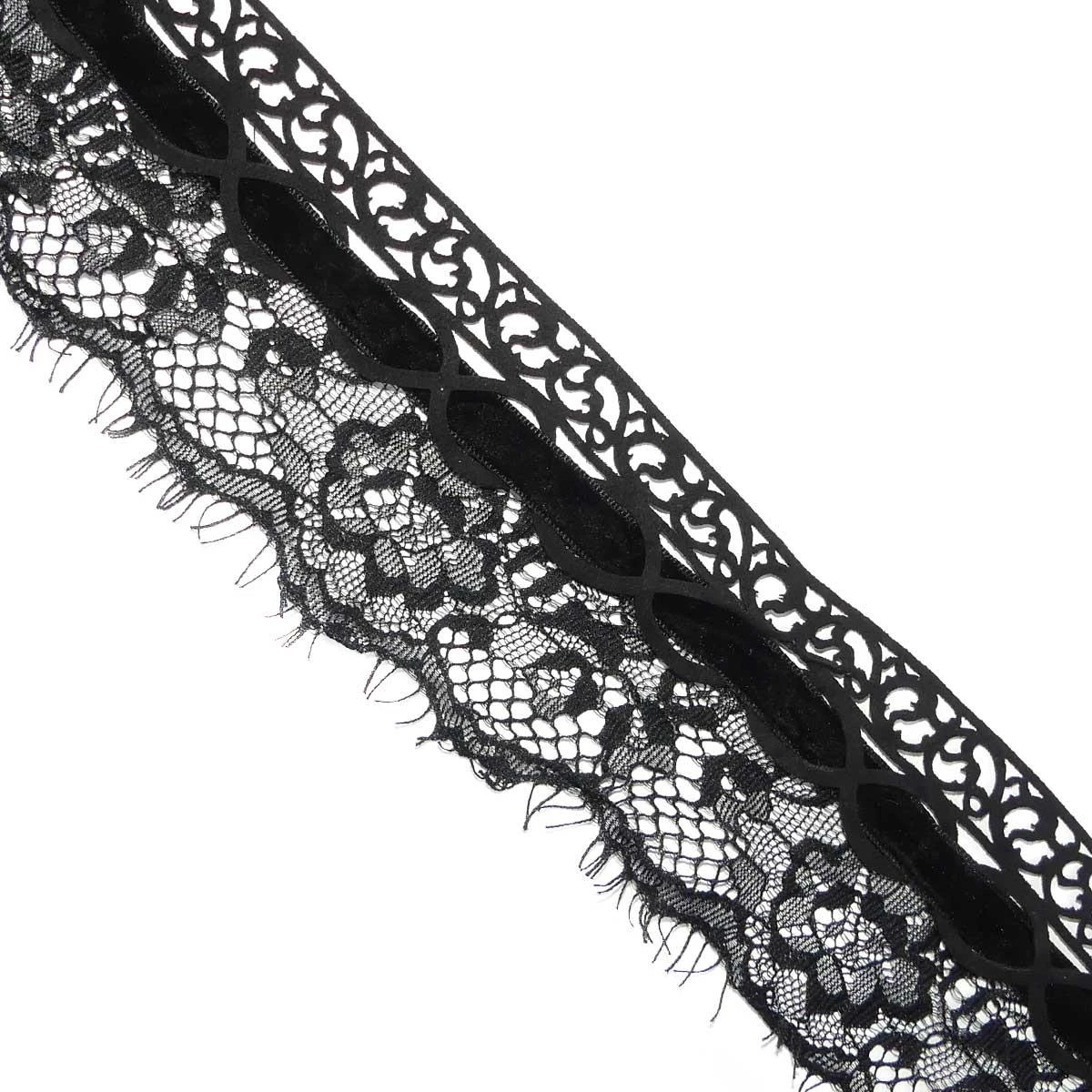 Encaje De Nylón Negro Con Terciopelo Y Antelina 7cm 3 Encaje De Nylón Negro Con Terciopelo Y Antelina 7cm