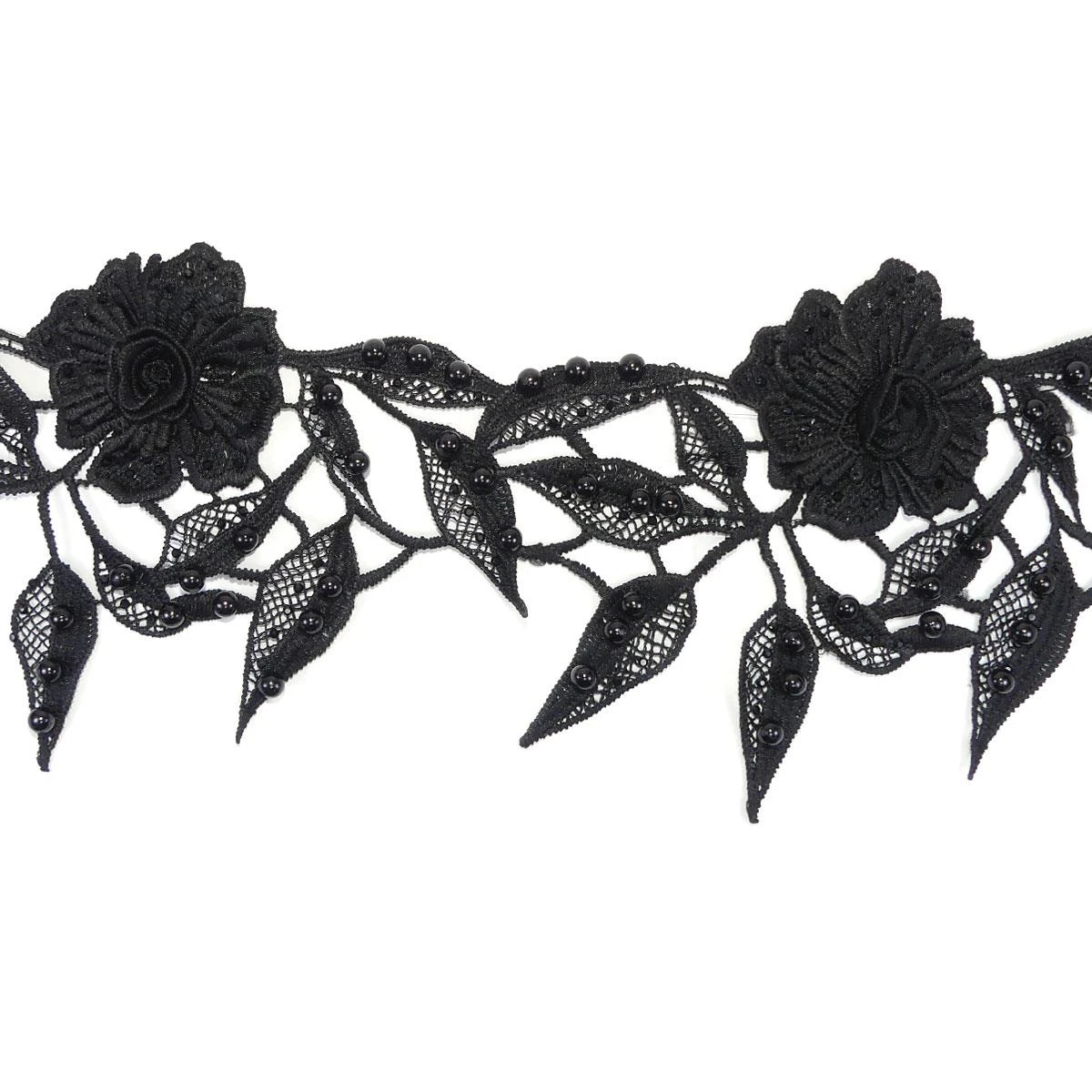 Encaje Guipur Negro De Flores Con Perlas 13cm 3 Encaje Guipur Negro De Flores Con Perlas 13cm