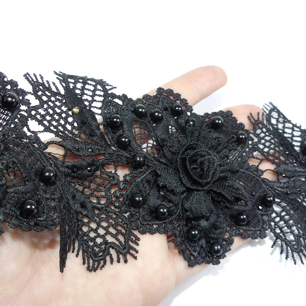 Encaje Guipur Negro De Flores Con Perlas 9,5cm 6 Encaje Guipur Negro De Flores Con Perlas 9,5cm - Imagen 4