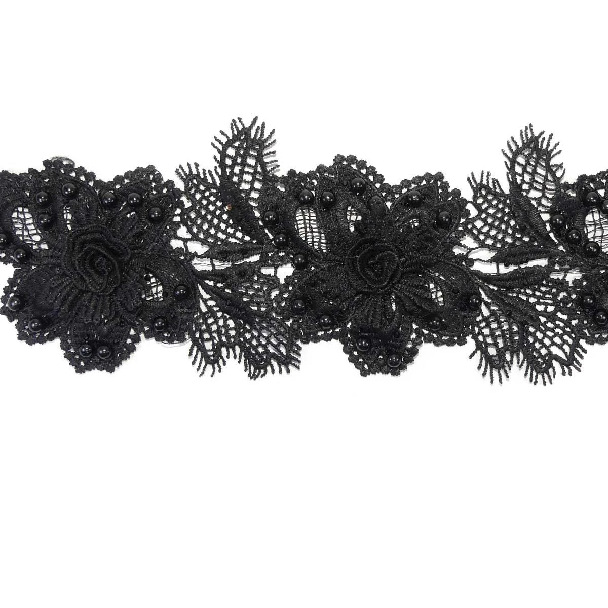 Encaje Guipur Negro De Flores Con Perlas 9,5cm 3 Encaje Guipur Negro De Flores Con Perlas 9,5cm