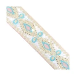 Galón Bordado Diseño Rombos Crudo, Rosa Y Azul 5,5cm