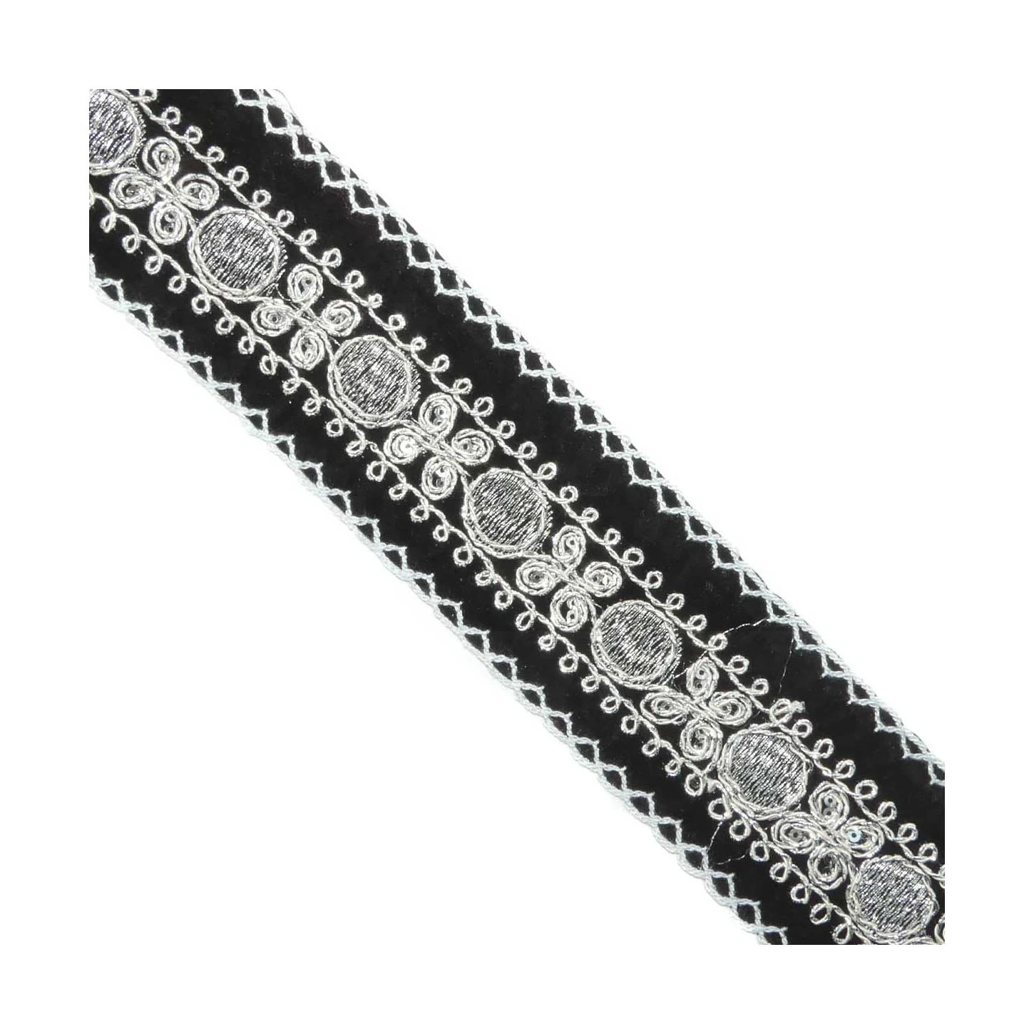 Galón Negro Con Bordado Geométrico Plata 5cm 3 Galón Negro Con Bordado Geométrico Plata 5cm