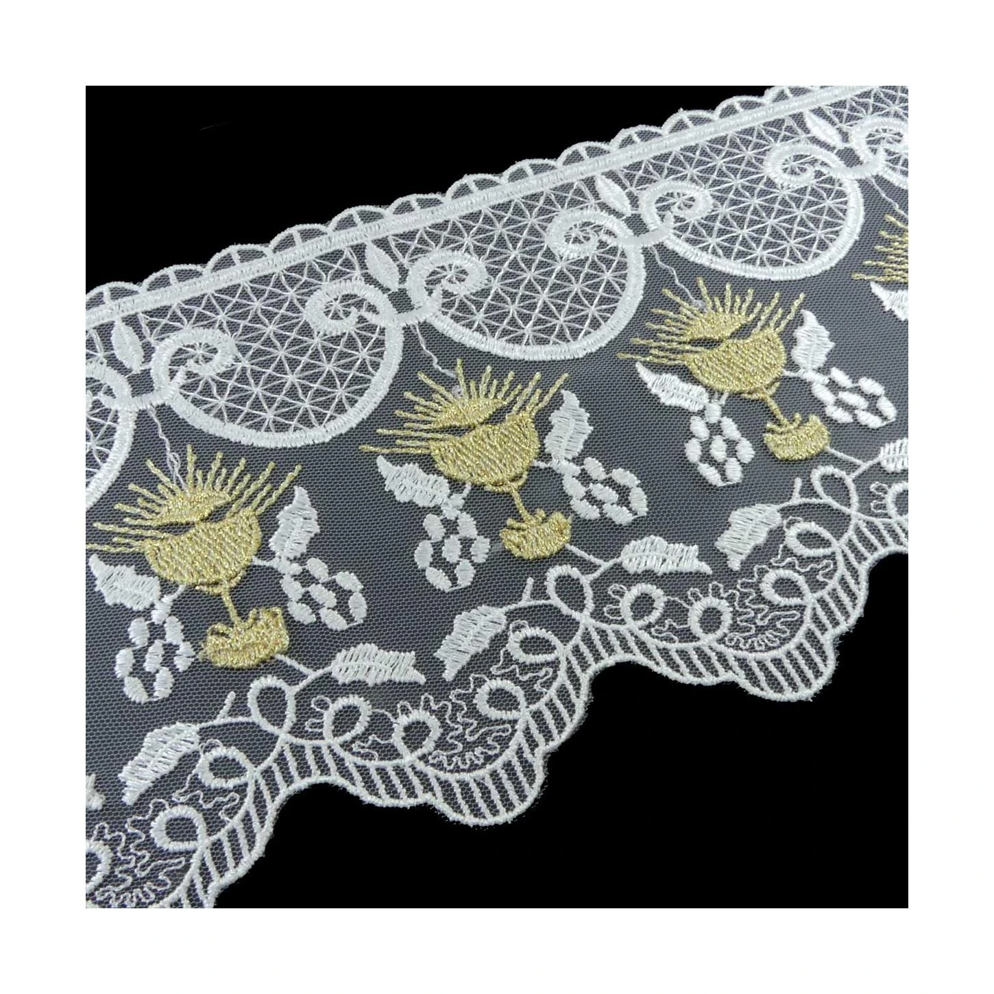 Puntilla De Tul Bordado Blanco Con Cáliz Dorado 13cm 4 Puntilla De Tul Bordado Blanco Con Cáliz Dorado 13cm - Imagen 2