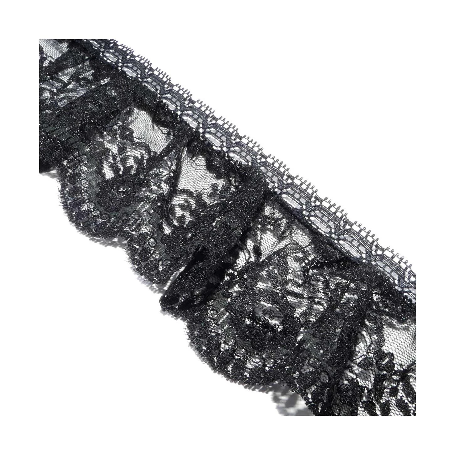 Puntilla Fruncida Con Pasacintas Negro 6cm. Floral 4 Puntilla Fruncida Con Pasacintas Negro 6cm. Floral - Imagen 2