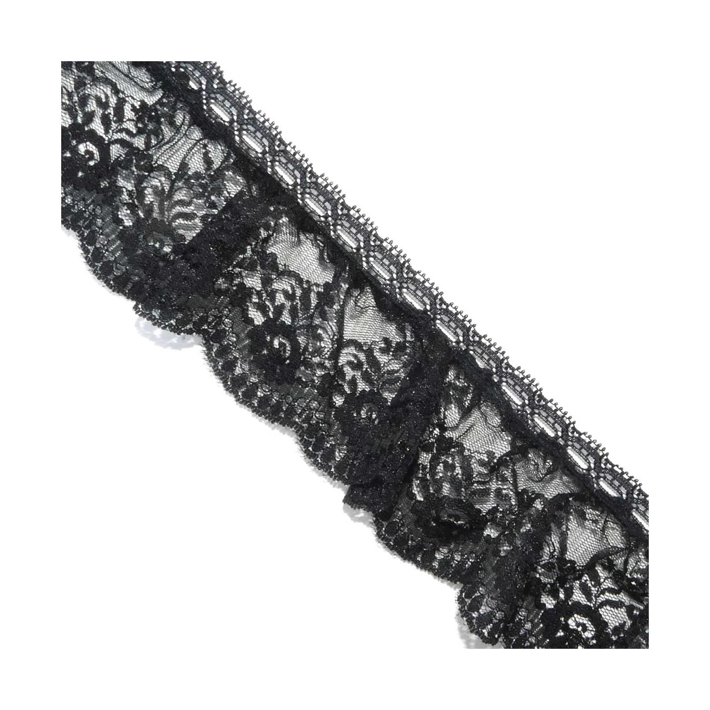 Puntilla Fruncida Con Pasacintas Negro 6cm. Floral 3 Puntilla Fruncida Con Pasacintas Negro 6cm. Floral