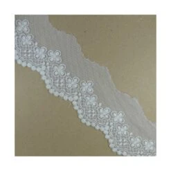 Puntilla Tul Bordado Cenefa Floral Y Bodoques 55mm. Crudo