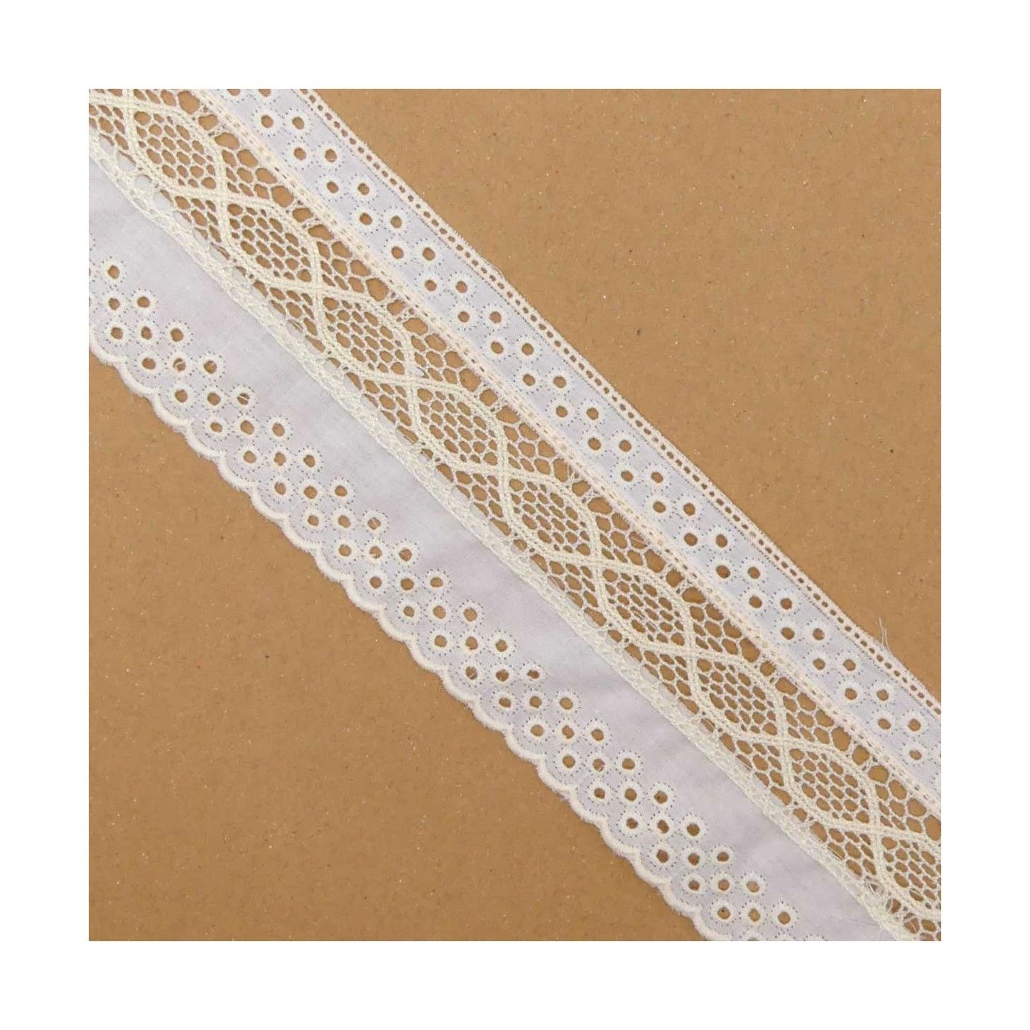Tira Bordada Crudo Con Dos Entredoses 65mm. Diseño Perforaciones 3 Tira Bordada Crudo Con Dos Entredoses 65mm. Diseño Perforaciones