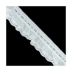 Tira Bordada Fruncida 4cm Con Pasacintas Blanco. Cenefa Flores