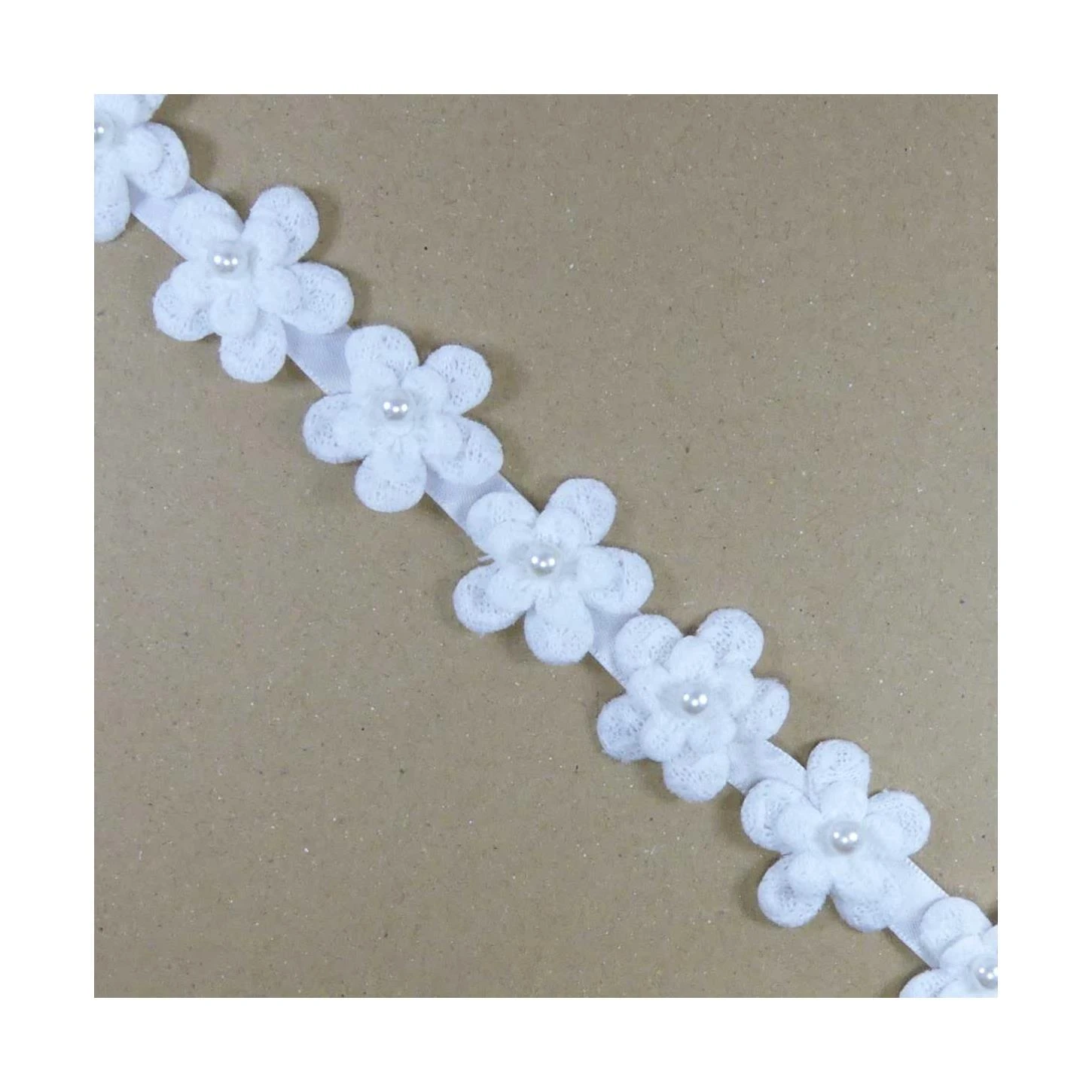 Tira De Flores De Algodón Con Perla 25mm 3 Tira De Flores De Algodón Con Perla 25mm